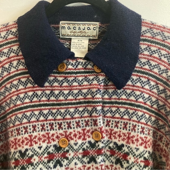 MAC & JAC Sz M 100% Wool Fair Isle Style Wooden Buttons Double Breasted Cardigan - Picture 3 of 8